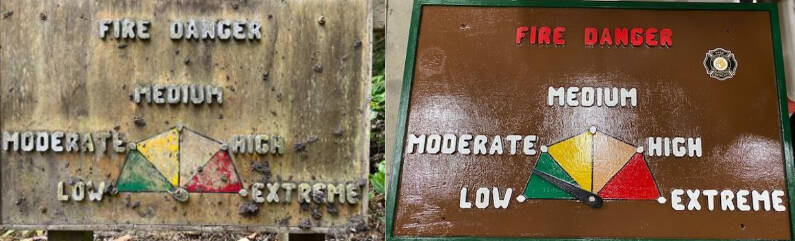 Photo courtesy CCFD3/ Clallam County Fire District 3 refurbished Diamond Point Sunshine Acres Property Owners Associations (SAPOA) fire danger sign in recent months as part of its Community Risk Reduction program.