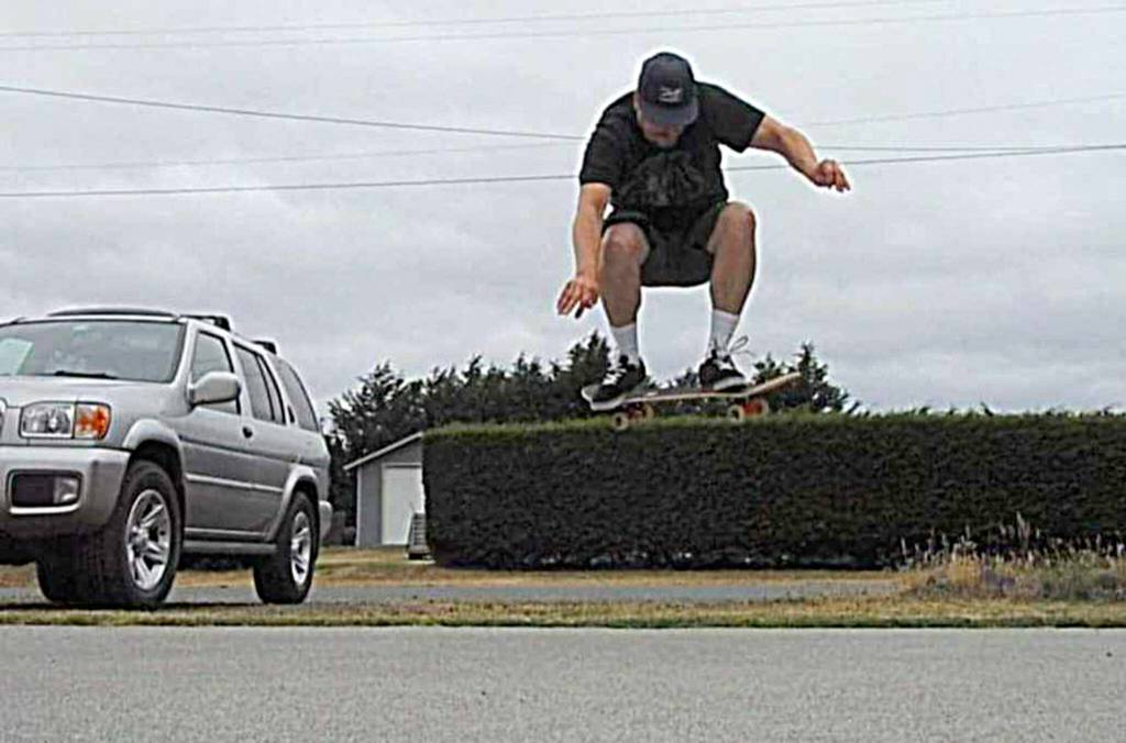 Photo courtesy Mark Simpson/ At age 51, Sequims Mark Simpson catches high air performing an ollie in 2023. The trick was something he planned to do everyday that year until a cancer diagnosis had him put the effort on hold, he said. Simpson died in 2024. Family and friends said they support a proposal to rename the Sequim Skate Park after him.