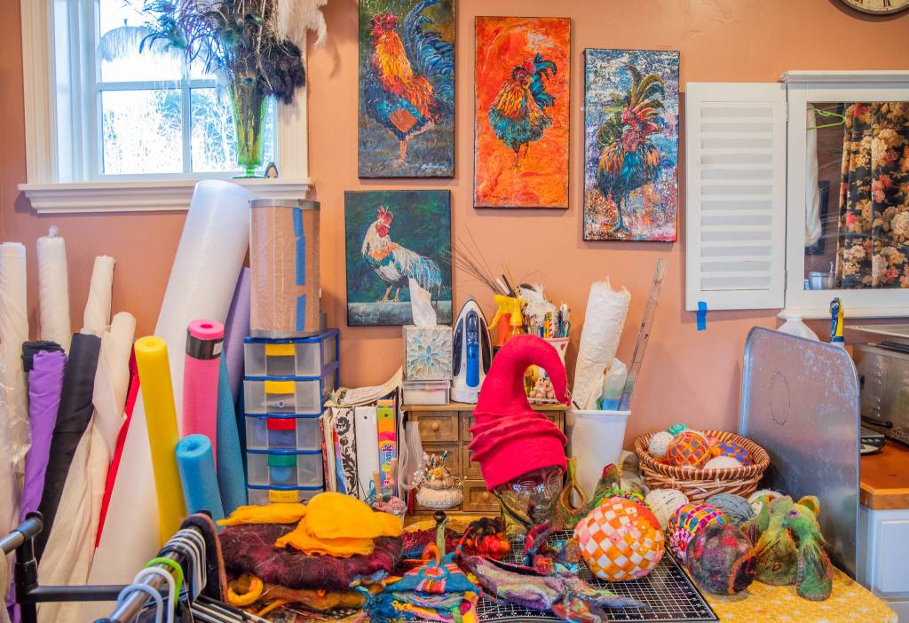 Sequim Gazette photo by Emily Matthiessen
Felter Lora Armstrongs pieces cover a wide range, some seen here in her studio.