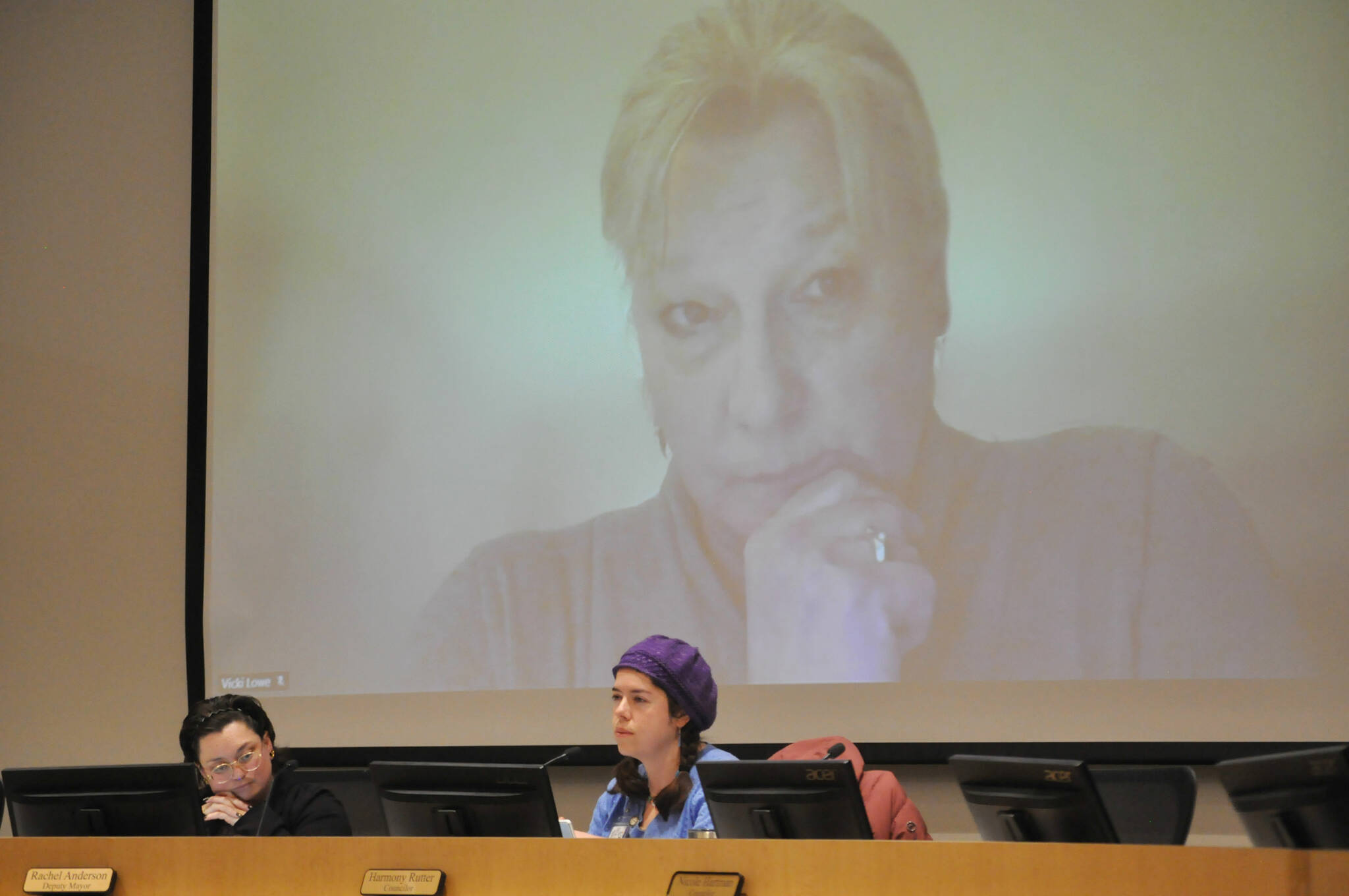 Sequim Gazette photo by Matthew Nash/ Sequim city councilors, from left, Deputy Mayor Rachel Anderson, Harmony Rutter and Vicki Lowe, on screen, discuss sending a letter of support for the Sequim School Districts bond and levy renewal proposals on Jan. 22. Anderson and Rutter were concerned about setting a precedent for voting to suspend their council rules to support a ballot measure, while Lowe said these are really extenuating circumstances … their buildings are failing.