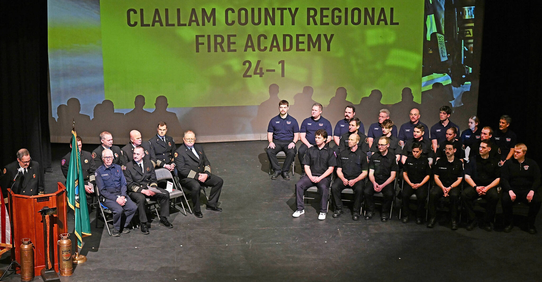 Deputy Fire Chief Tony Hudson with Clallam County Fire District 3 speaks during the Clallam County Regional Fire Academy graduation on Feb. 1 in Sequim High Schools Auditorium. This session, 23 graduated the academy with a few unable to attend the ceremony.
Photo courtesy Jay Cline