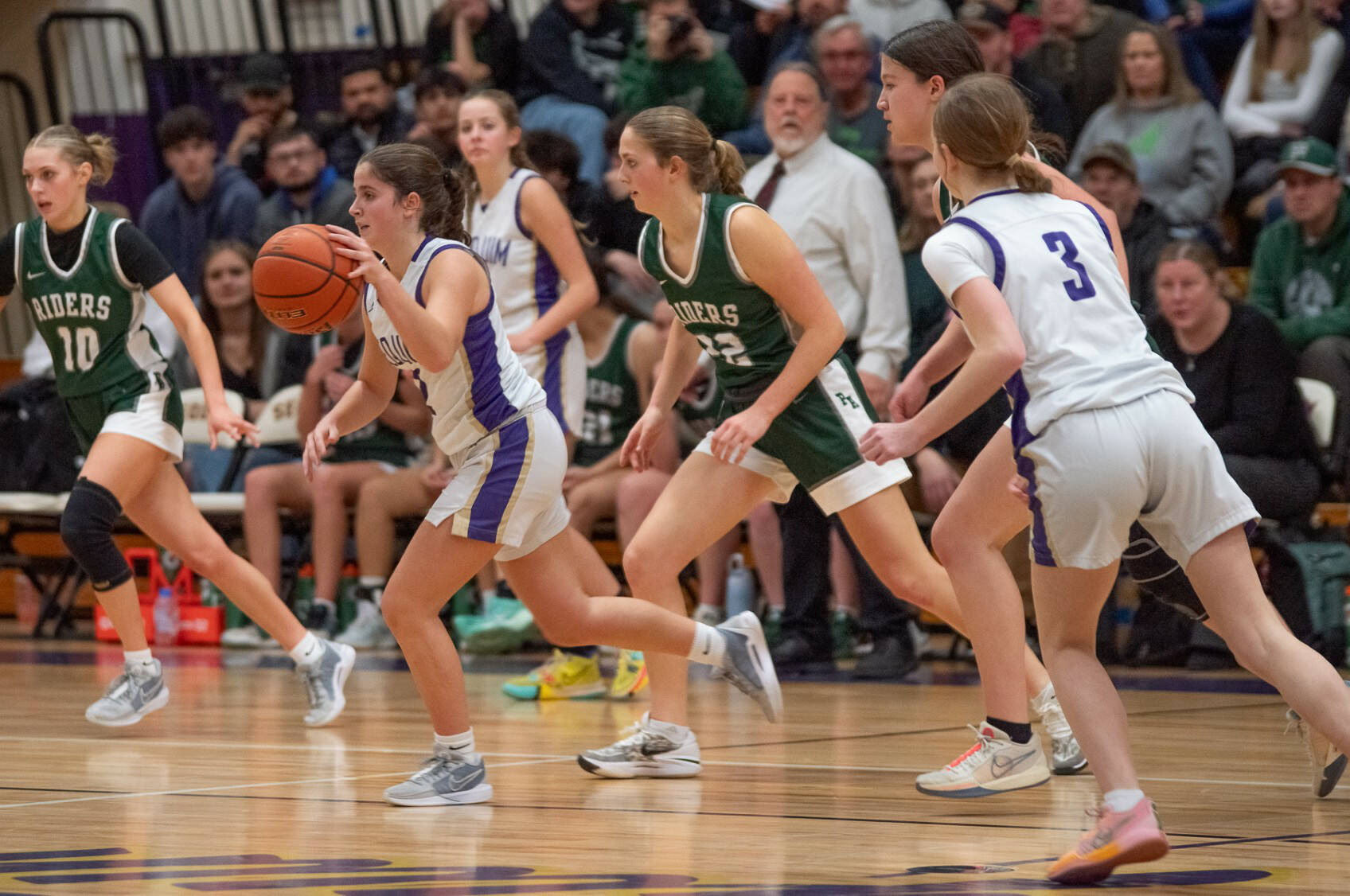 Sequim Gazette photo by Emily Mathiessen/ Sequims Manuela Valle Jover drives up the court against Port Angeles on Friday, Jan. 31. The Wolves lost 46-15 and finish their season Thursday in Bremerton.