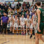 Sequim Gazette photo by Emily Matthiessen/ Sequims bench erupts and audience erupts after a nice play against Port Angeles on Jan. 31.