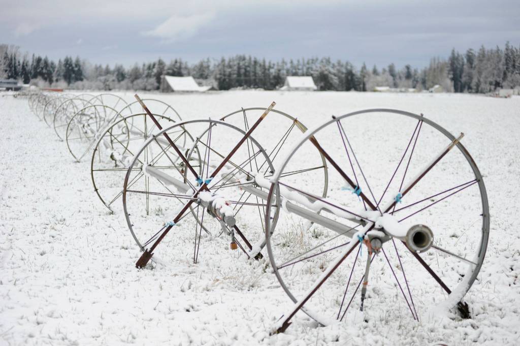 An irrigation system off Schmuck Road awaits warmer days in Sequim.
