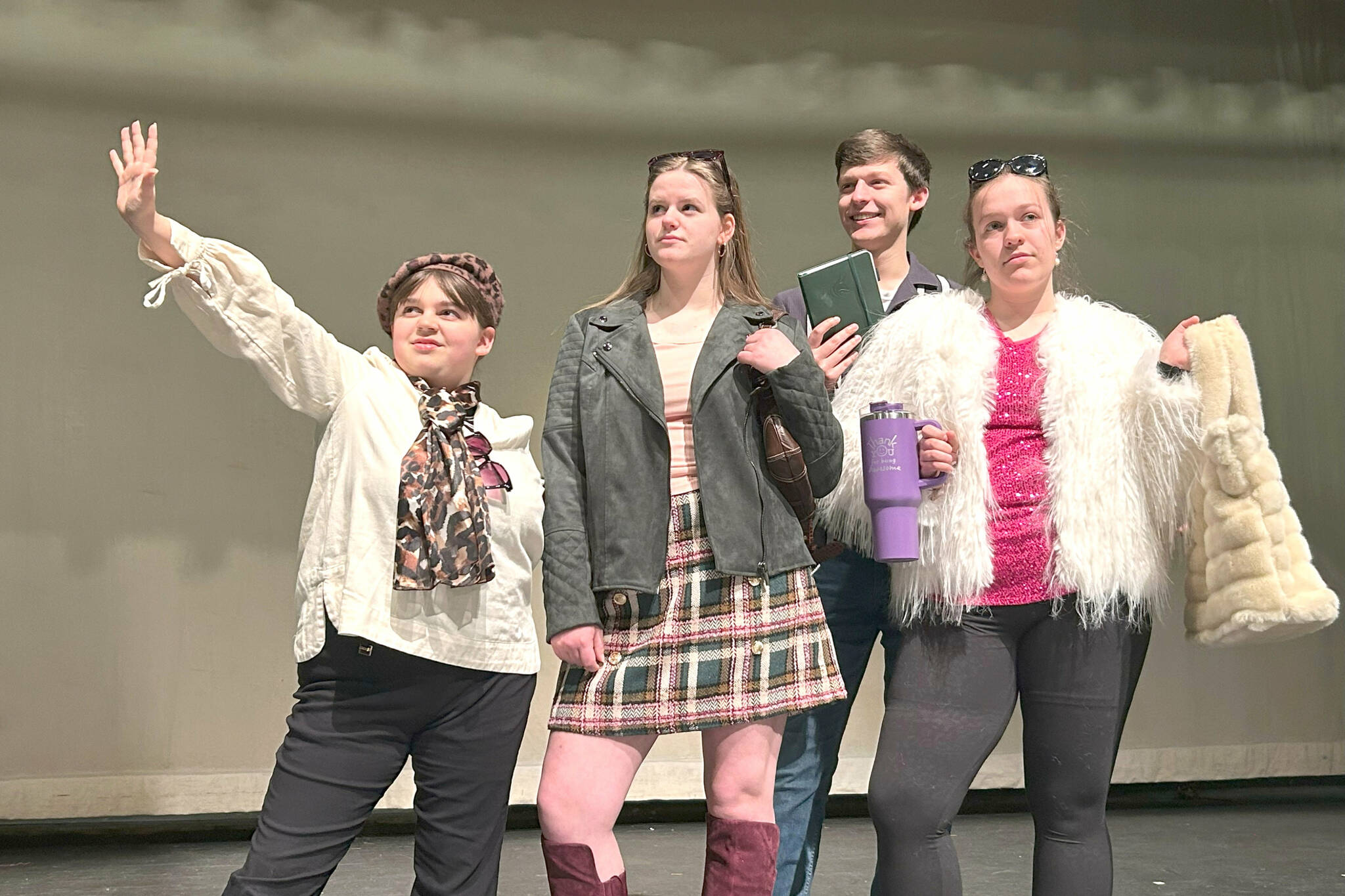 Sequim Gazette photos by Matthew Nas
 A television director (Sophia Treece), on left, shares an idea with actress Roxanne St. James (Jovi Weller) to go to Sequim to do research on real teenagers for her show, as her agent (Aason Judd) likes the idea, and St. James mom (Azlynn Judd) is indifferent. St. James travels to Sequim to make up the love story Sequimderella: A Sequim Cinderella Story.