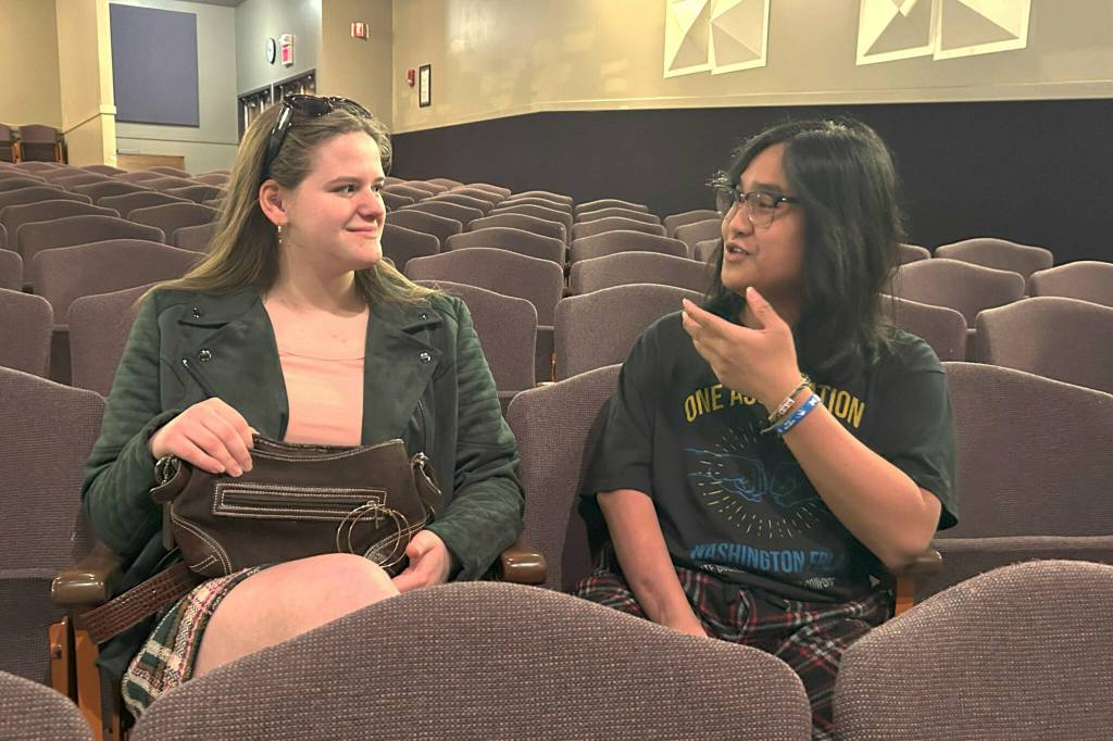 Sequim Gazette photo by Matthew Nash/ The story of actress Roxanne St. James (Jovi Weller) connection with Oscar (Adrian Dulfo) during her trip to Sequim takes center stage in the Sequim Operetta Clubs Senior Class Play benefit Sequimderella: A Sequim Cinderella Story.