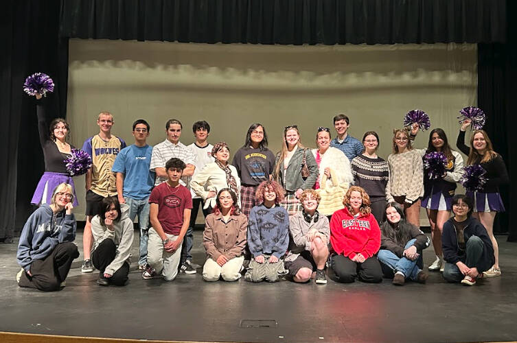 Sequim Gazette photo by Matthew Nash/ Cast and crew for Sequimderella: A Sequim Cinderella Story gather for a group photo at a recent rehearsal. The show is an original tale that cast and crew members wrote in recent months. It plays at Sequim High School Feb. 13-16.