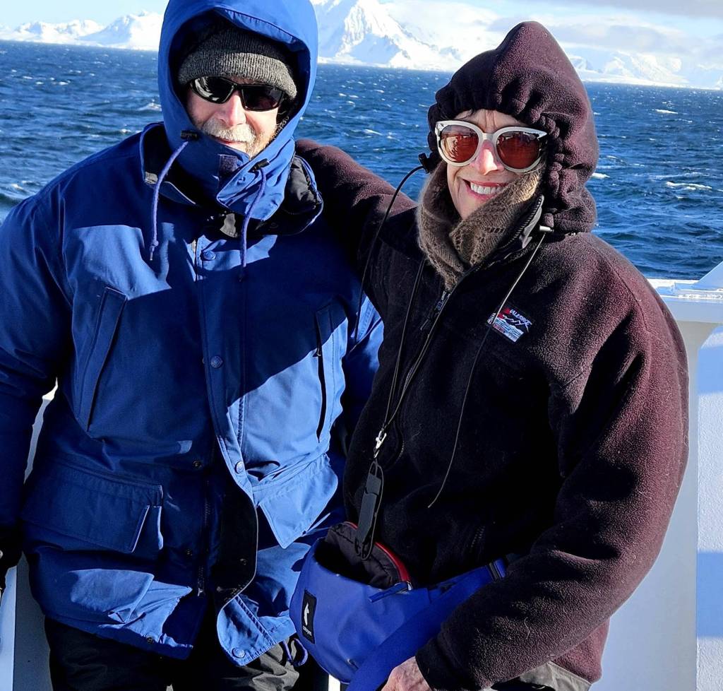 Travelers Alan West and Leslie Saxon West bundled up for their 14-day adventure.