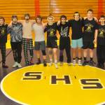 Sequim Gazette photo by Matthew Nash
Above: Sequim sent 12 wrestlers to the state 2A tournament on Feb. 21-22. They included, from left, Max Sivilli, Ryan Spelker, Johnny Vilona, Jayms Vilona, Jayms Vilona, James Mason, Riley Downs, Finn Jones, Aiden Glenn, Dylan Bowen, Brandon Bair, Bailey Stein and Story Snow. As a team, they recorded 13 wins and the boys tied for 33rd and the girls 52nd.