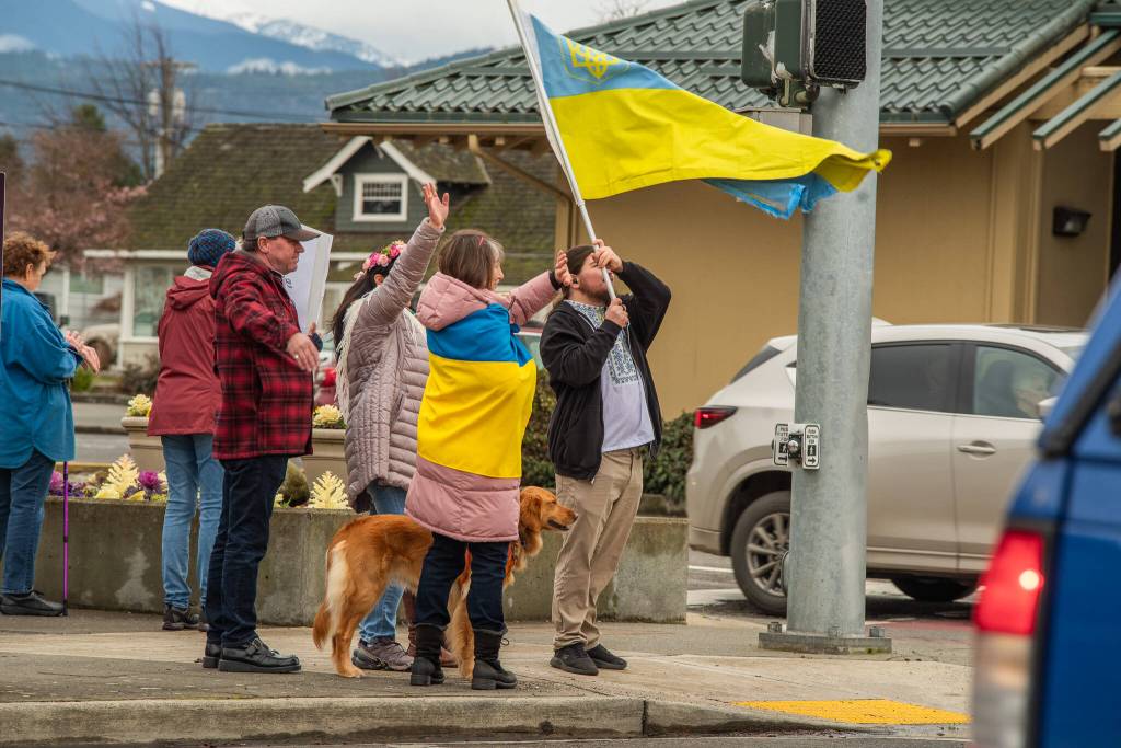 Sequim Gazette photo by Emily Matthiessen/ About 40 people attended the pro-Ukraine gathering on Sunday.