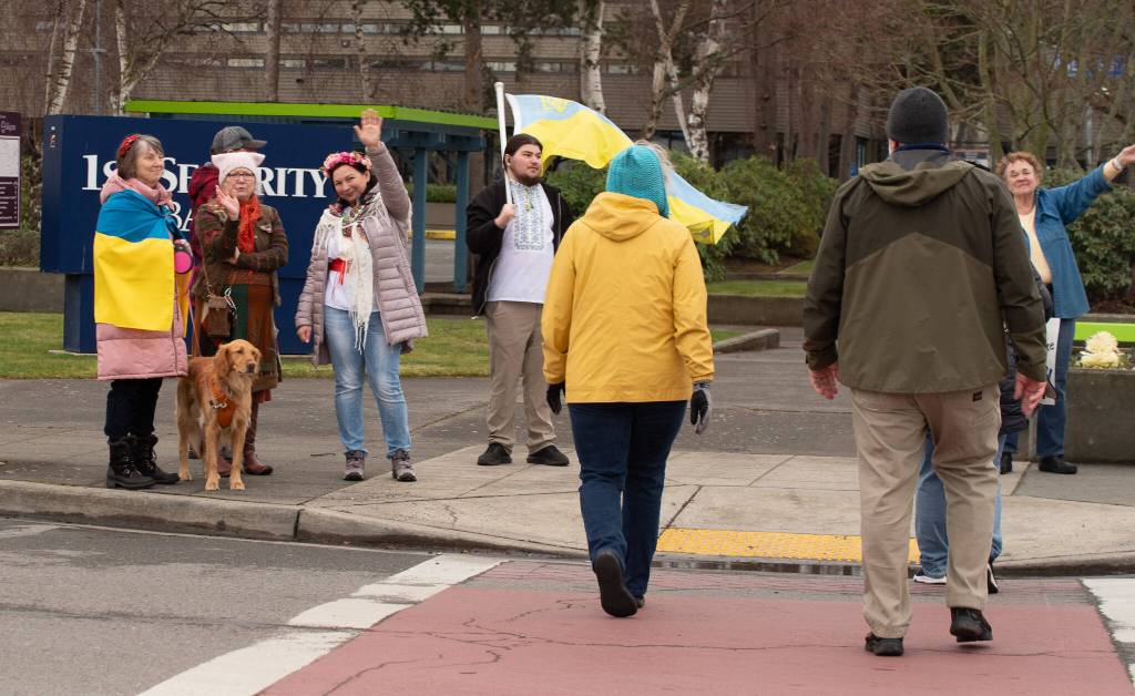 Sequim Gazette photo by Emily Matthiessen/ About 40 people attended the pro-Ukraine gathering on Sunday.