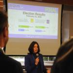 Sequim Gazette photo by Matthew Nash
Superintendent Regan Nickels for Sequim School District speaks to a crowd on Feb. 21 after the special election was certified showing the districts construction bond and levy renewal propositions passed. Nickels said the votes show residents trust us to move forward and do what is right by students.