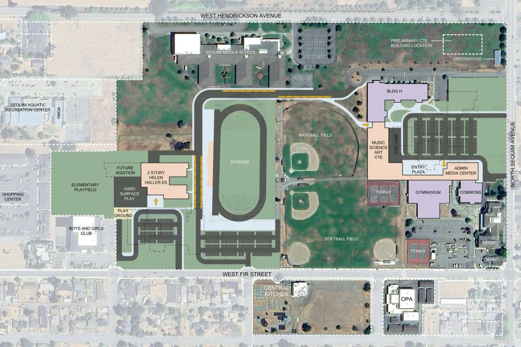 Image courtesy Sequim School District/ A conceptual layout from Sequim School Districts main campus shows where the proposed $146 million bond could move some facilities, such as a new building for Helen Haller Elementary behind its existing facility. While no design elements have been set, district officials said they seek members for its Design Advisory Committee.