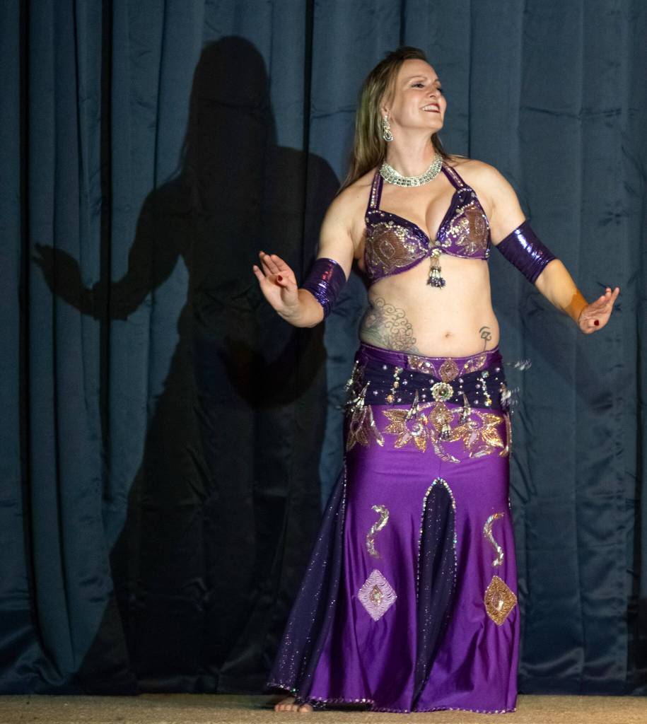 Sequim Gazette photo by Emily Matthiessen/ Belly dance teacher and Shula Azhar troupe member Jovi Wilson dances at Studio Bob in Port Angeles. The next classes in Sequim will begin March 9th.