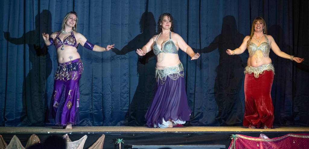 Sequim Gazette photo by Emily Matthiessen/ Jovi Wilson, Avery Morianty and Laura Samperi-Ferdig perform at Studio Bob on Feb. 21.