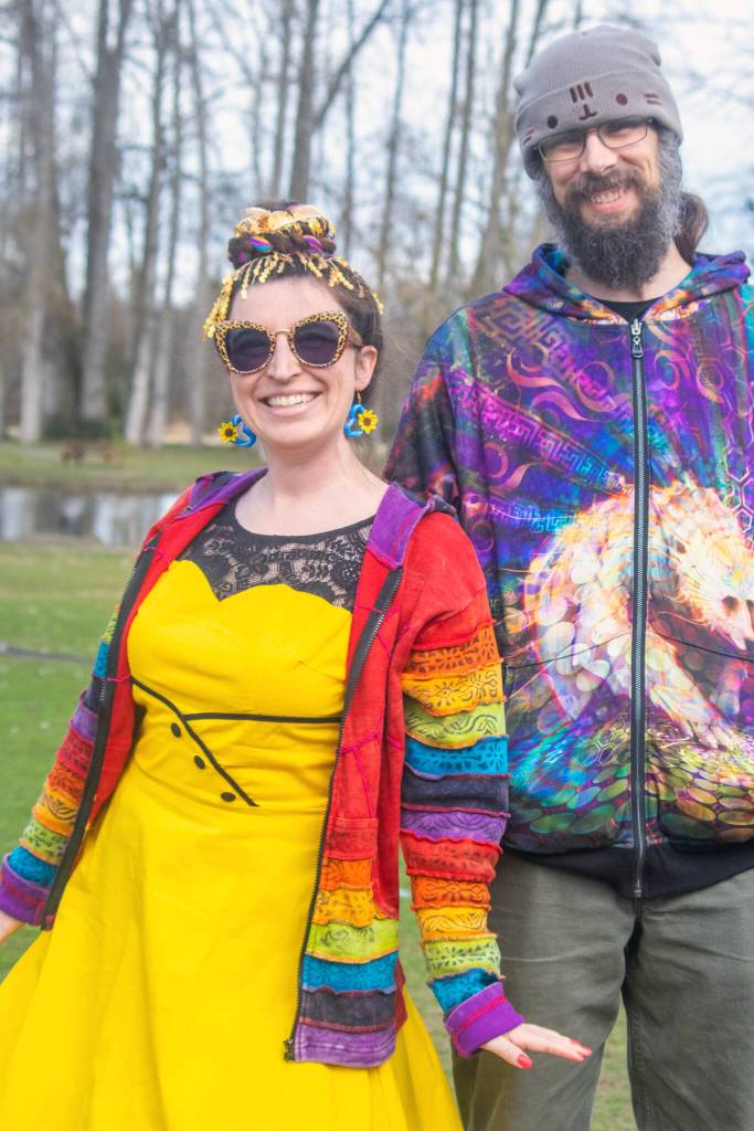 Sequim Gazette photo by Emily Matthiessen/ Cameron Quinn and Casey Greenspane of Kalan Wolfe and the Shift dressed colorfully for the Sequim Sunshine Festival. The band played in the entertainment tent later that day.