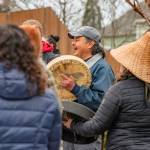 Sequim Gazette photo by Emily Matthiessen/ Jamestown SKlallam tribe members beat drums at Sequims Sunshine festival opening ceremony at the civic center the moves of the Hooya Hooyay dance.