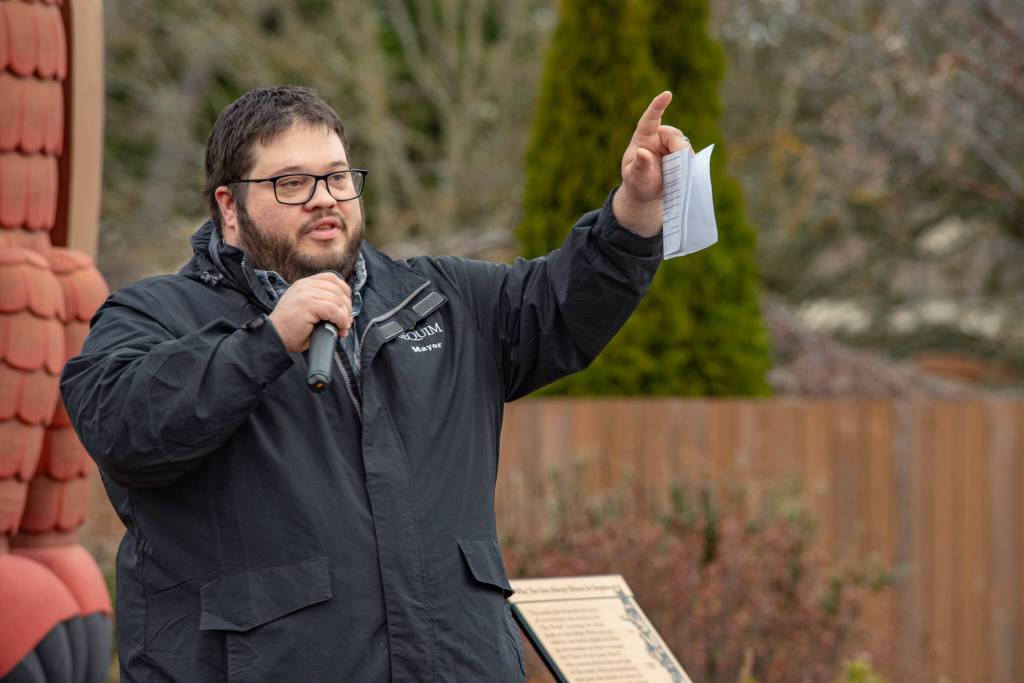 Sequim Gazette photo by Emily Matthiessen/ Sequims mayor Brandon Janisse speaks during the opening ceremonies for Sunshine Festival 2025.