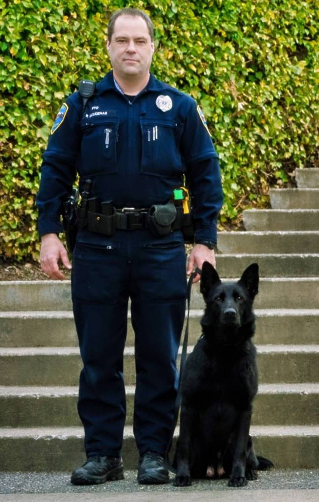 Photo courtesy Sequim Police Department/ In 2018, officer Paul Dailidenas completed 400 hours of training with Mamba to begin service patrolling and responding to emergencies in Sequim.
