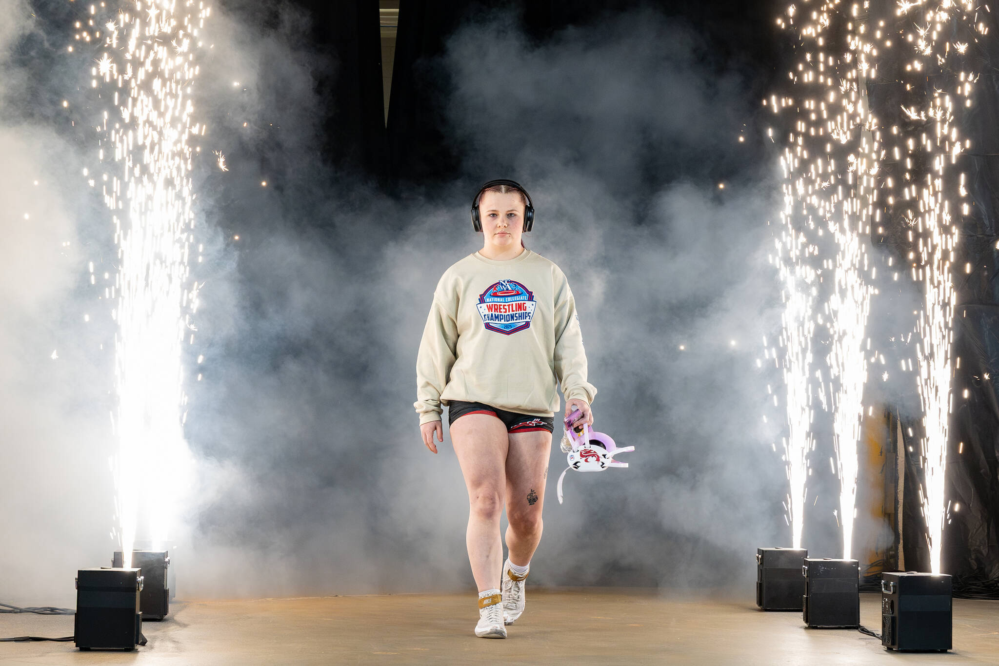 Photo by Caleb Steele <a href="https://www.calebsteele.photography/" target="_blank">Photography</a>
Petra Bernsten makes a dramatic entrance for her finals match at the NCWA National Championships in Louisiana in March.