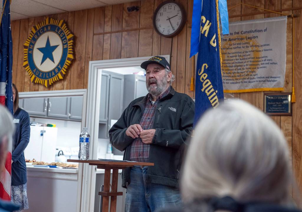 Sequim Gazette photo by Emily Matthiessen/ Steve Pinnell, born and raised in Sequim, shares some thoughts about his service during the Vietnam War while attending a cermony at the American Legion, Jack Grennan, Post 62 on Saturday, wherein veterans received lapel pins symbolizing "A lasting memento of the nation's thanks."