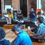 Sequim Gazette photo by Emily Matthiessen/ Student director, from left to right Rayna Loree, Paco Struve and Charlie Medlong (mentor Carolyn Edge to the right) coach young thespians during Olympic Theatre Arts spring break theater skills program which culminated in two Saturday performances of Stones by playwright Colleen Neuman.
Sequim Gazette photo by Emily Matthiessen/ Student director, from left to right Rayna Loree, Paco Struve and Charlie Medlong (mentor Carolyn Edge to the right) coach young thespians during Olympic Theatre Arts spring break theater skills program which culminated in two Saturday performances of Stones by playwright Colleen Neuman.