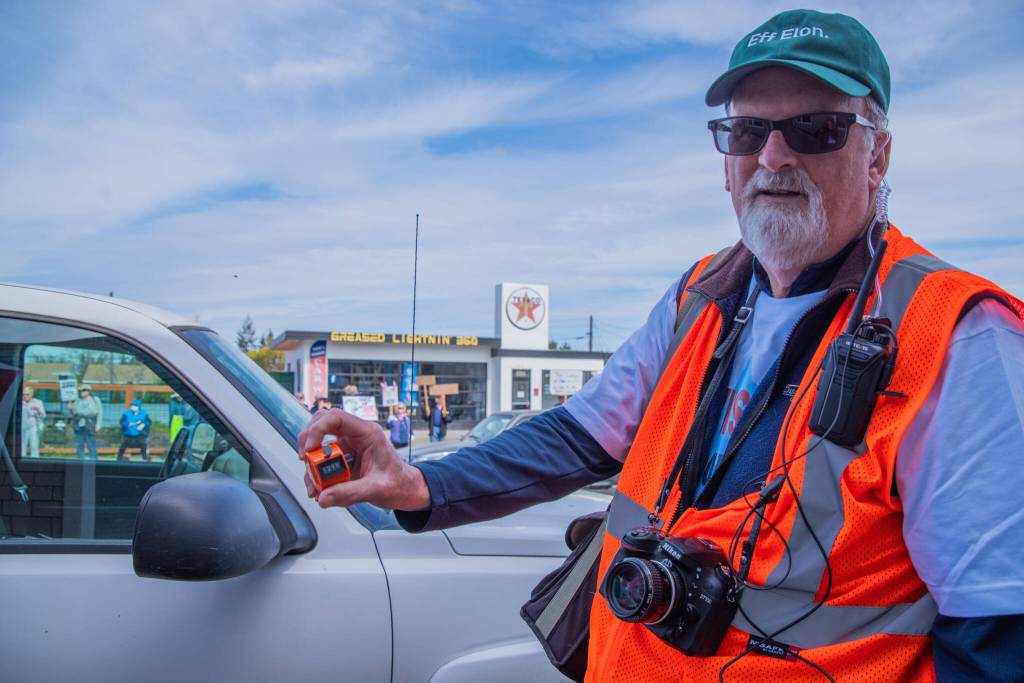Sequim Gazette photo by Emily Matthiessen/ According to a clicker count by volunteers with Sequim Indivisible, 1298 people turned out by 11:45 a.m., with nearly 1400 people counted by 2:00 p.m. during Sequim's version of the "Hands Off " protests held across the nation and in other countries on Saturday. The protest was peaceful and orderly, according to police, organizers and protesters and featured a range of protest signs.