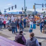 Sequim Gazette photo by Emily Matthiessen/ According to a clicker count by volunteers with Sequim Indivisible, 1298 people turned out by 11:45 a.m., with nearly 1400 people counted by 2:00 p.m. during Sequim's version of the "Hands Off " protests held across the nation and in other countries on Saturday. The protest was peaceful and orderly, according to police, organizers and protesters and featured a range of protest signs.