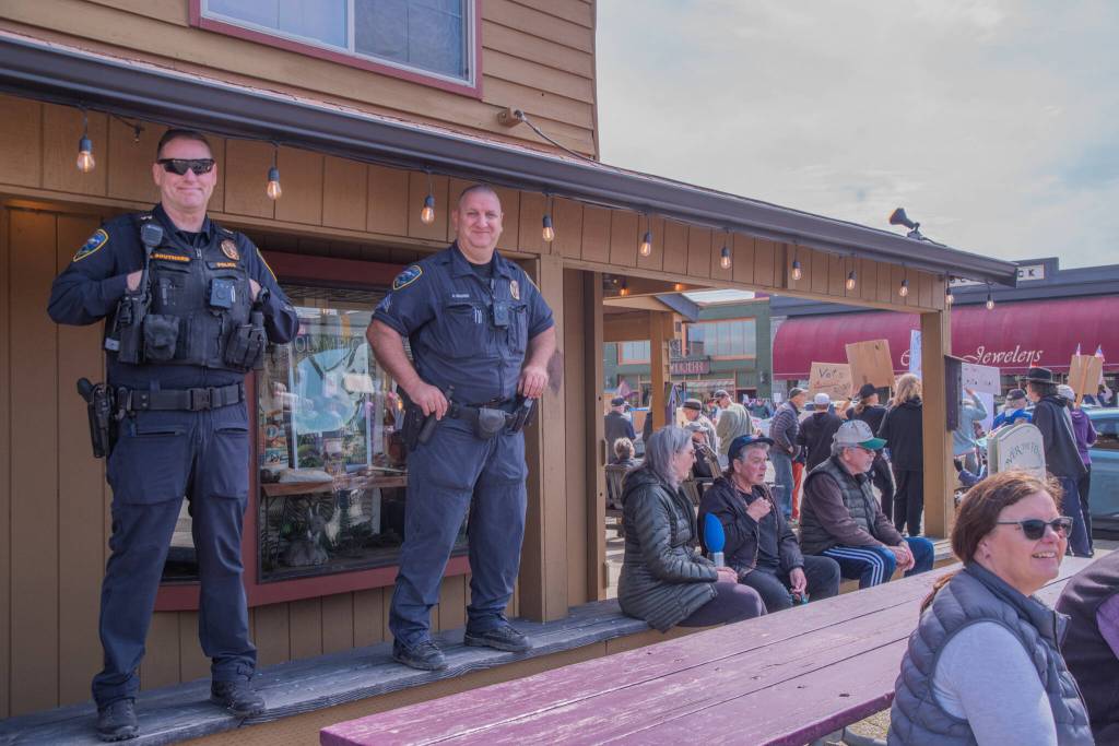 Sequim Gazette photo by Emily Matthiessen/ According to a clicker count by volunteers with Sequim Indivisible, 1298 people turned out by 11:45 a.m., with nearly 1400 people counted by 2:00 p.m. during Sequim's version of the "Hands Off " protests held across the nation and in other countries on Saturday. The protest was peaceful and orderly, according to police, organizers and protesters and featured a range of protest signs.