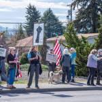 Sequim Gazette photo by Emily Matthiessen/ According to a clicker count by volunteers with Sequim Indivisible, 1298 people turned out by 11:45 a.m., with nearly 1400 people counted by 2:00 p.m. during Sequim's version of the "Hands Off " protests held across the nation and in other countries on Saturday. The protest was peaceful and orderly, according to police, organizers and protesters and featured a range of protest signs.
