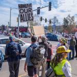 Sequim Gazette photo by Emily Matthiessen/ According to a clicker count by volunteers with Sequim Indivisible, 1298 people turned out by 11:45 a.m., with nearly 1400 people counted by 2:00 p.m. during Sequim's version of the "Hands Off " protests held across the nation and in other countries on Saturday. The protest was peaceful and orderly, according to police, organizers and protesters and featured a range of protest signs.