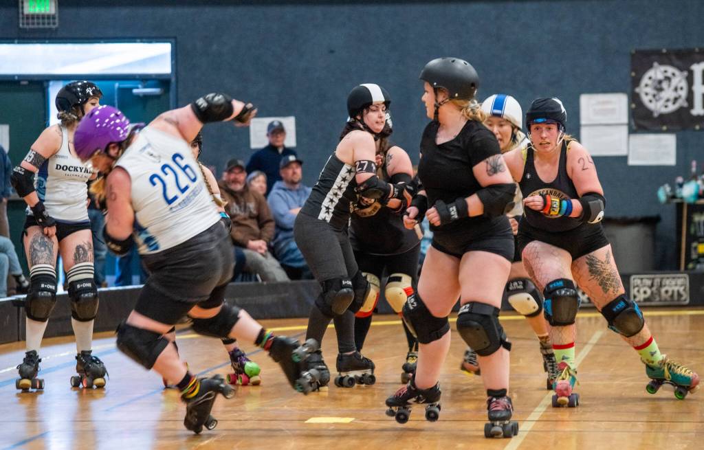 Sequim Gazette photo by Emily Matthiessen/ The Scandals second bout of the season, in Sequim against Tacomas Dockyard Roller Derby team Undertow, resulted in a 158-132 loss.