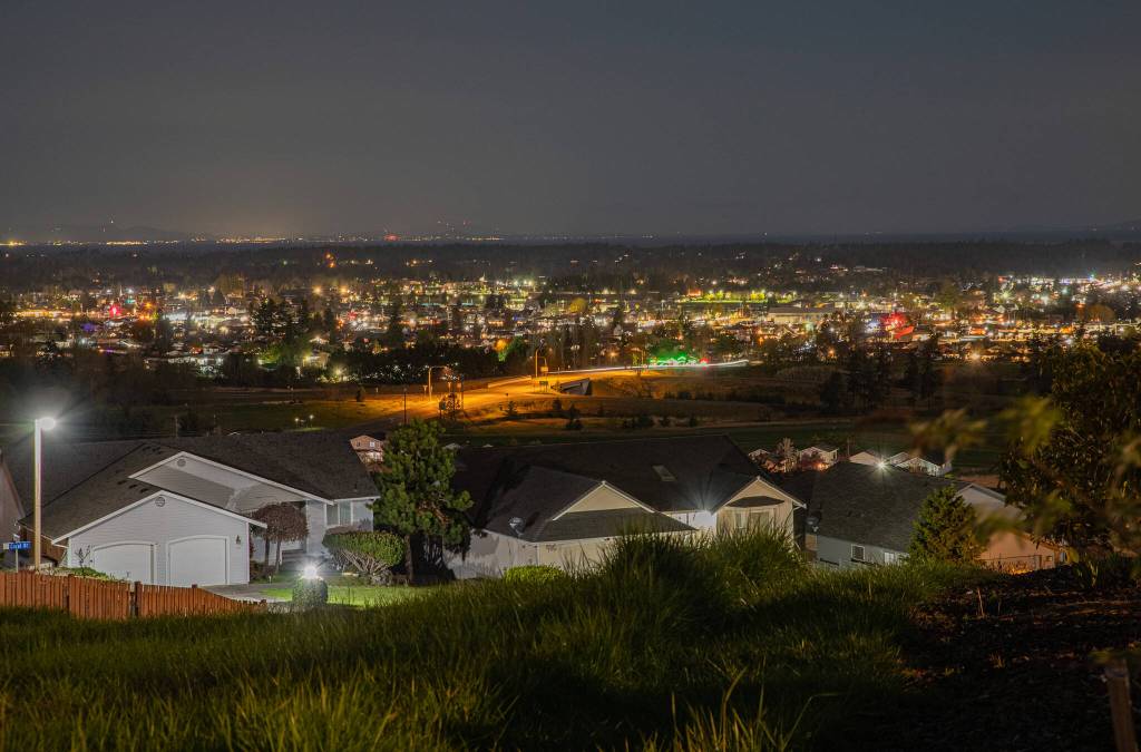 Sequim Gazette photo by Emily Matthiessen/ At night Sequim is lit up with artificial light in a range of color temperatures and even the lights across the Strait of Juan de Fuca can be seen, but the stars are more difficult to capture in a night photograph.
Sequim Gazette photo by Emily Matthiessen/ At night Sequim is lit up with artificial light in a range of color temperatures, making it more difficult to see the stars.
