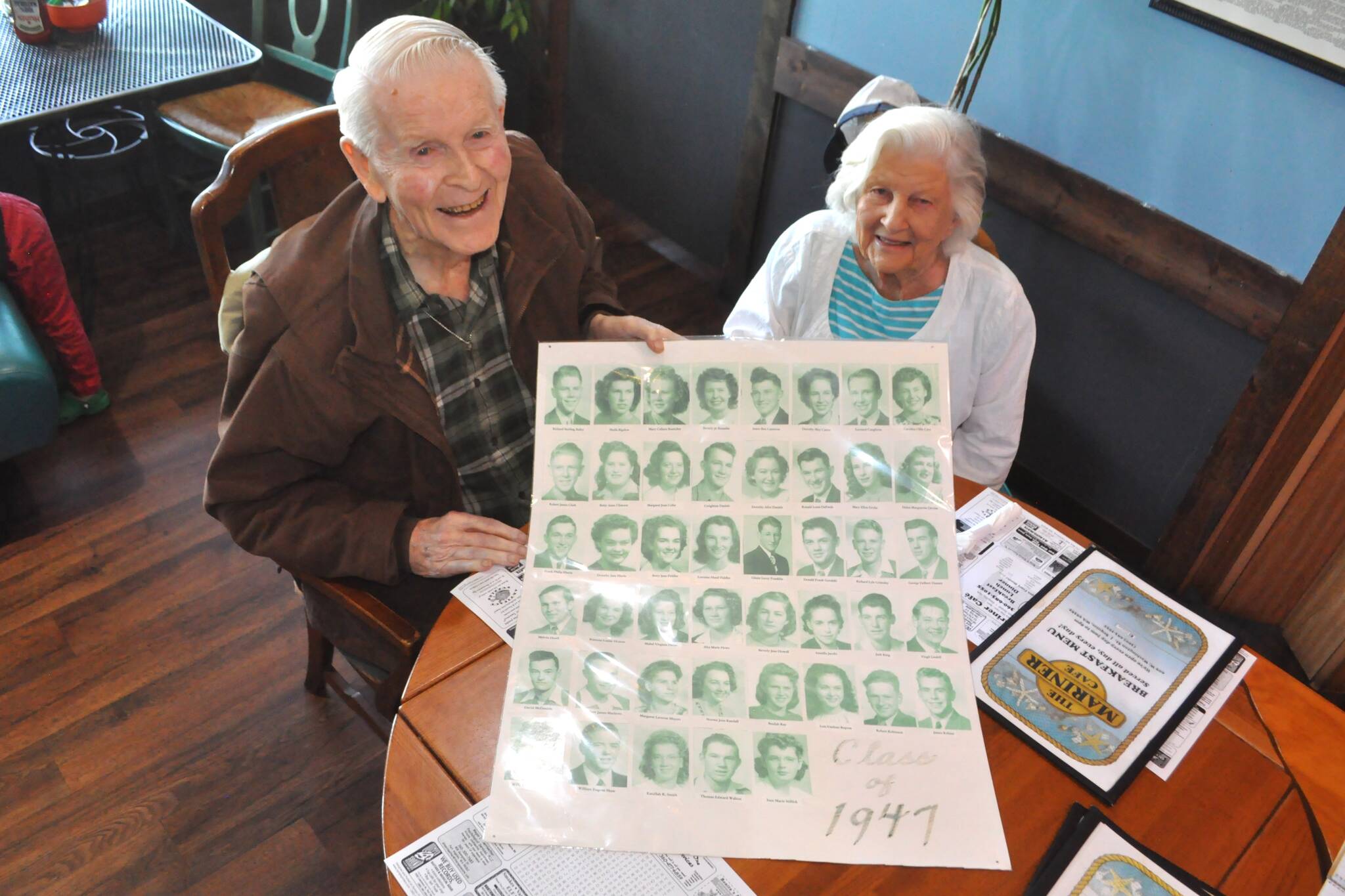 Sequim Gazette photo by Matthew Nash
Bob Clark and Mabel Sorensen, two of the four surviving members of Sequim High Schools class of 1947, met for lunch on April 16. It was also Sorensens 96th birthday.