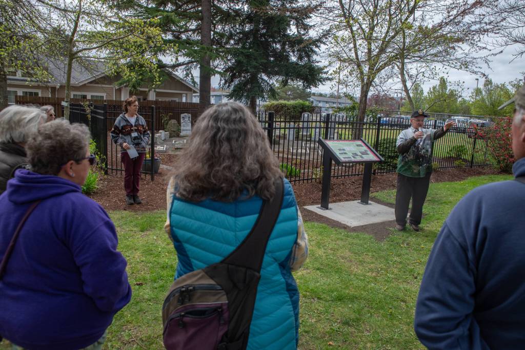 Sequim Gazette photo by Emily Matthiessen/ National Historical Preservationist Mick Hersey speaks on April 19 at the dedication of Pioneer Memorial Parks Memorial Garden.
