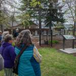 Sequim Gazette photo by Emily Matthiessen/ Susan Mannisto with the Sequim Prairie Garden Club speaks on April 19 at the dedication of Pioneer Memorial Parks Memorial Garden.