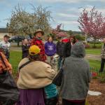 Sequim Gazette photo by Emily Matthiessen/ Joe LaCour explains to an audience of pioneer descendants, Sequim Prairie Garden Club members and others how he made the new sundial for Pioneer Memorial Park, which was dedicated during a ceremony on Saturday, April 19. The garden club also dedicated the refurbished Remembrance Garden.