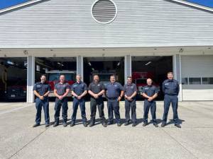 Photo courtesy Clallam County Fire District 3/ Members of Clallam County Fire District 3s A-shift include, from left: firefighter/paramedic Casey Sires; firefighter/EMT Jared Romberg; Captain Kjel Skov; Battalion Chief Chris Turner; Captain Bryan Swanberg; firefighter/paramedic Leonard Horst; firefighter/paramedic Chase Laubach; and firefighter/EMT Jaisal White.