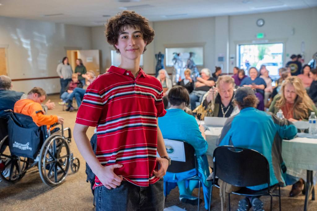 Sequim Gazette photo by Emily Matthiessen
 High school student Charlie Medlong was the MC at the Trashion Show, generating much praise in the audience for seamless delivery.