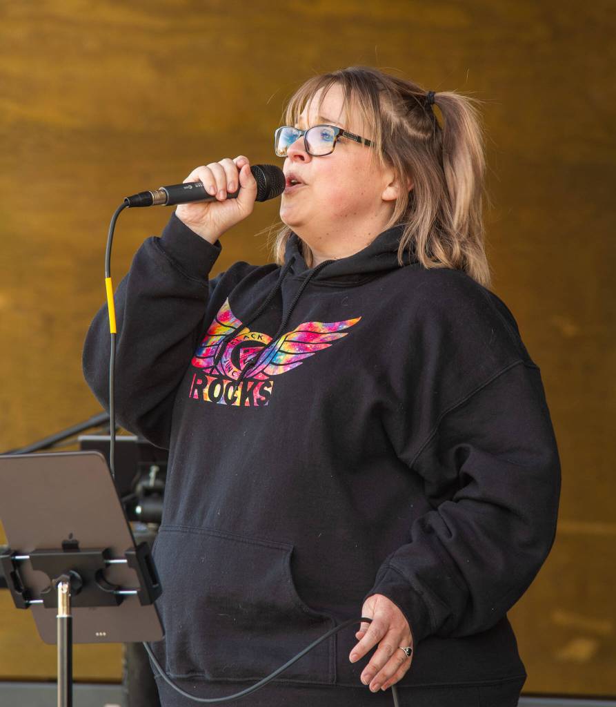 Sequim Gazette photo by Emily Matthiessen/ Black Diamond Junctions Amanda Bacon sings during the family dance Sat. evening of Crazy Callen weekend.