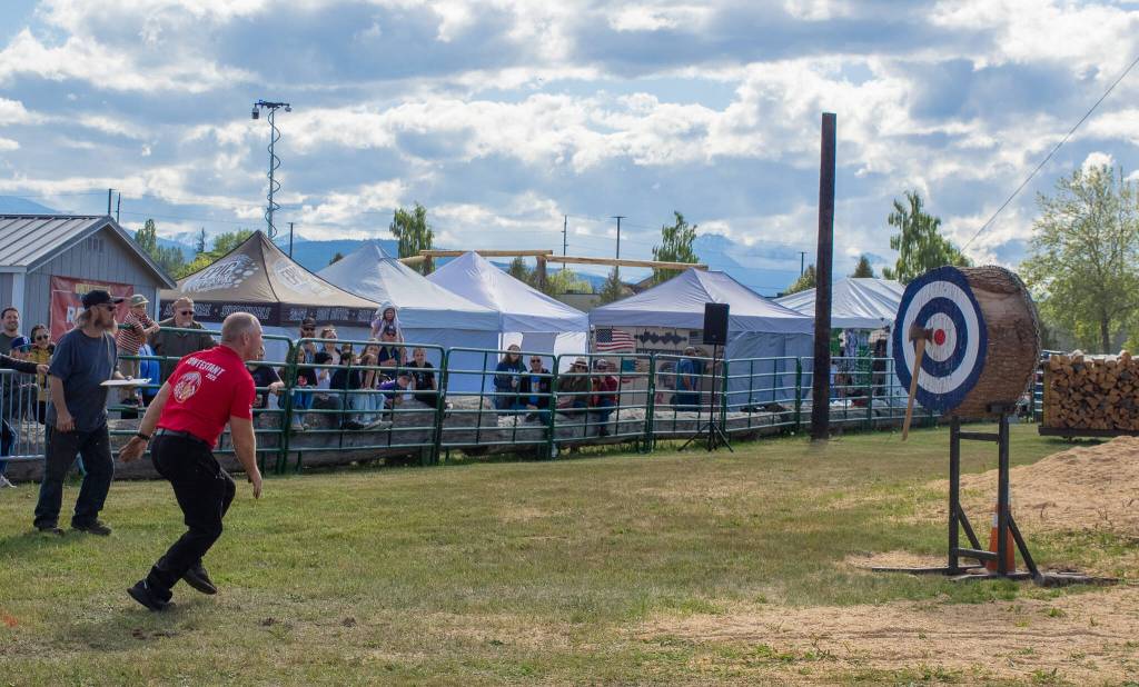 Sequim Gazette photo by Emily Matthiessen/ Nate Hodges won the 140cc power saw competition with a time of 7.4 seconds and the axe throw at Saturdays Logging Show in Sequim. Hodges is no stranger to winning logging competitions.