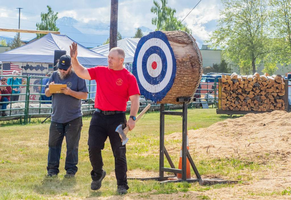 Sequim Gazette photo by Emily Matthiessen/ Nate Hodges won the 140cc power saw competition with a time of 7.4 seconds and the axe throw at Saturdays Logging Show in Sequim. Hodges is no stranger to winning logging competitions.