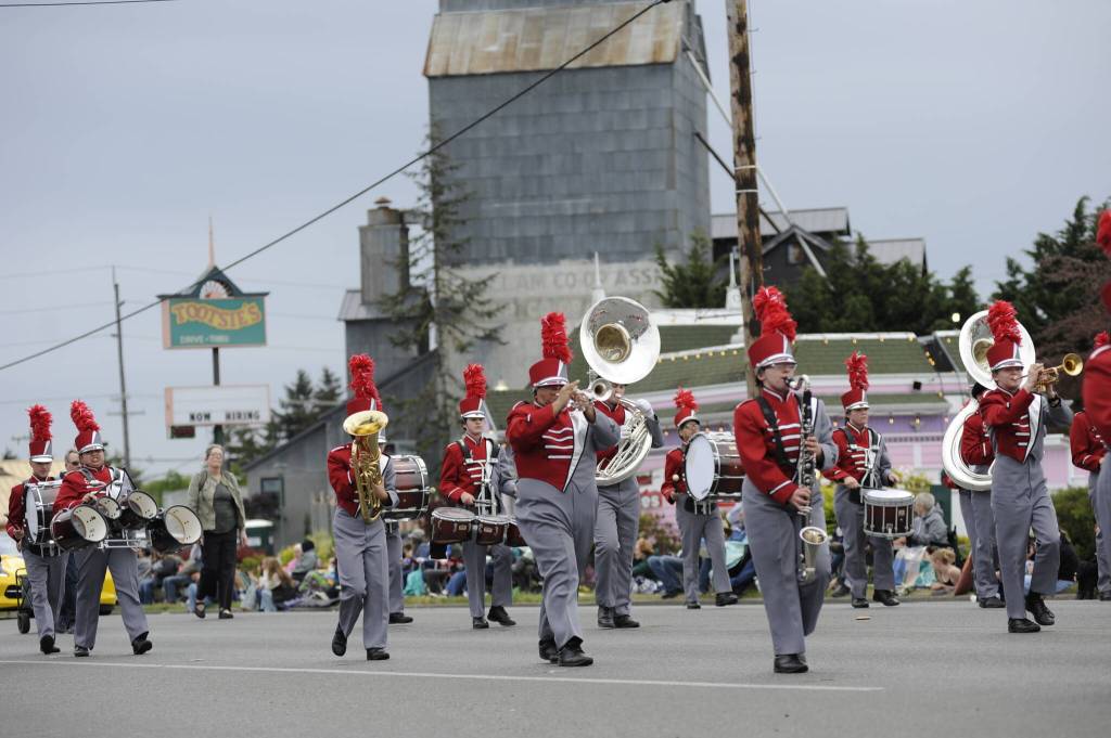 Sequim Gazette photo by Matthew Nash/ Hoquiam High School Marching Band and Colorguard earned first place in the high school band competition in the Sequim Irrigation Festivals Grand Parade.