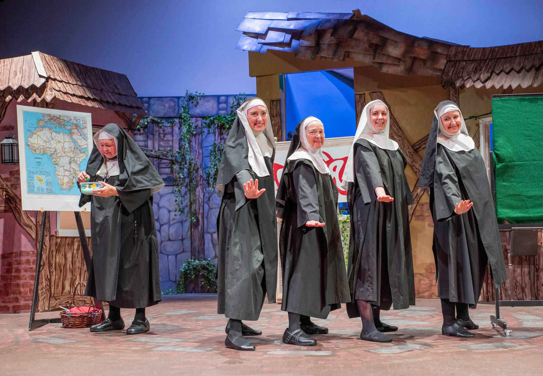 At Sequims Olympic Theatre Arts, performers rehearse their roles as nuns staging a variety show to raise funds to bury four of their sisters in Nunsense, a musical comedy directed by Morgan Bartholick and choreographed by Jennifer Saul that runs from May 22-June 15. From left, Cathy Dodd as Sister Mary Regina, Sunshine Peterson as Sister Mary Amnesia, Joodie Klinke as Sister Mary Hubert, Nicole Mischke as Sister Mary Lee and Natalie Wilson as Sister Robert Anne.