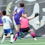 Photo by Dave Logan
Sequims Nico Musso, third from left, scores the second goal the Wolves 2-0 Class 2A West Central District Tournament victory over Bremerton on May 15 at Peninsula Colleges Wally Sigmar Field.