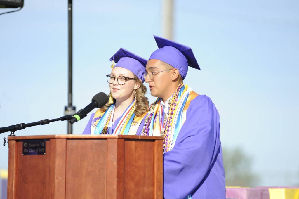 Sequim Gazette photo by Matthew Nash/ Staff-elected speakers Kimberly Heintz and Ian Baylon said they eventually became friends after a rivalry in middle school, and they encouraged fellow graduates to look for opportunities to meet new people and/or reconnect with old acquaintances.
