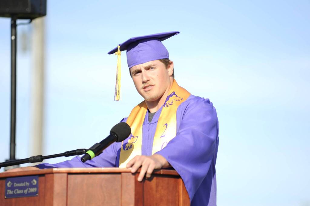 Sequim Gazette photo by Matthew Nash/ Class-elected speaker Braydan White encouraged graduates to be kind, take risks, dont be afraid to do the things you want to do, and above all, be true to yourself.