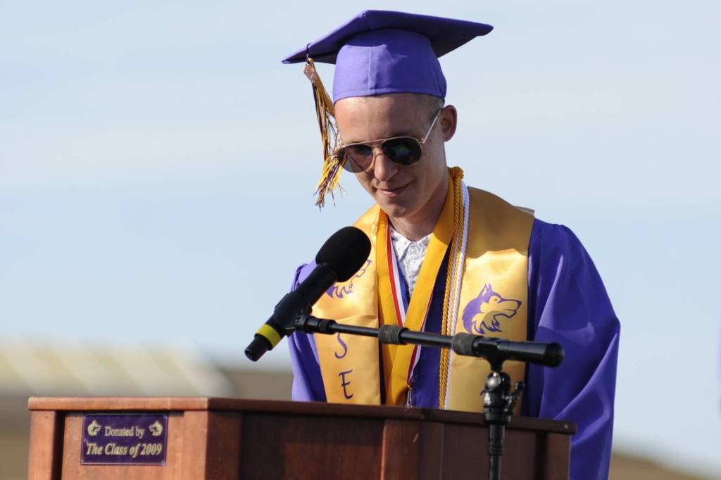 Sequim Gazette photo by Matthew Nash/ Valedictorian Jack Crecelius, after sharing some fun lingo in the opening of his speech, said Its good to be serious when its called for, and its good to be relaxed, when its needed. Furthermore, I think being able to discern what attitude you should wear is something everyone can benefit from, he said.