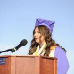 Sequim Gazette photo by Matthew Nash/ Melia Nelson, one of six valedictorians, urged fellow graduates not to become satisfied with chasing one goal, solving one part of your identity (but) to become a fully realized person, a well-rounded member of society. I urge you to stay curious, always ask questions, search for new experiences for knowledge and be open to finding joy that is all around you, Nelson said.