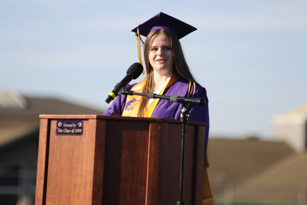 Sequim Gazette photo by Matthew Nash/ Valedictorian Jovi Weller said graduates should focus on being happy as their main priority. Be mindful of what you really want and how to get there, she said. If youre on your deathbed, what would your priorities be? Dont wait until youre dying to discover what really matters.